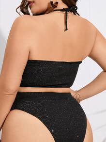 Celure Plus Sparkly Glitter Lace Up Front Halter Bikini Top For Summer Beach Vacation - Black - View 2