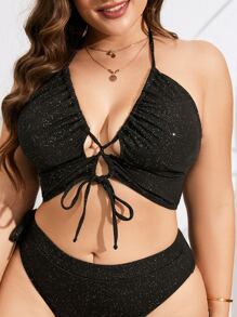 Celure Plus Sparkly Glitter Lace Up Front Halter Bikini Top For Summer Beach Vacation - Black - View 3