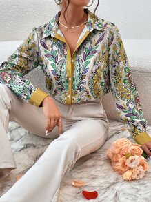 Aveloria Camisa de botones con estampado total elegante de negocios y casual para mujeres - Multicolor - Ver 1