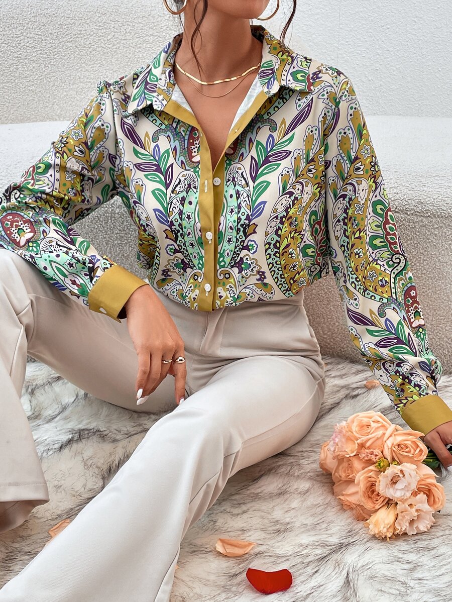 Aveloria Camisa de botones con estampado total elegante de negocios y casual para mujeres - Multicolor - Ver 1