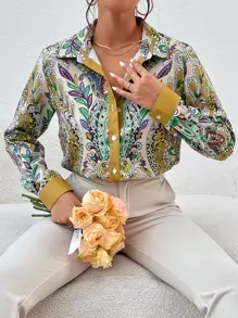 Aveloria Camisa de botones con estampado total elegante de negocios y casual para mujeres - Multicolor - Ver 5