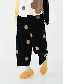 Polka Dot Print Carrot Trousers - Black - View 1