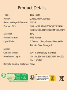 1pc App + 3 Key Control RGB Led Strip Light, Bedroom Decor Party Decoration Light Strip, Length 1m/2m/3m/5m & Quantity 30/60/90/150 Leds. - Multicolor - View 8