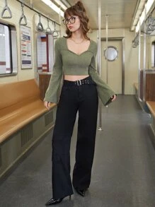 SHEIN MOD Sweetheart Neck Ribbed Knit Crop Tee - Army Green - View 3