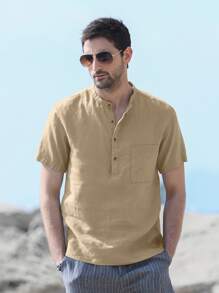 Men Patched Pocket Button Half Placket Top - Khaki - View 1