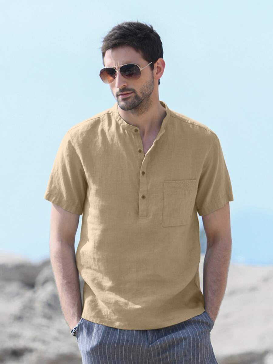 Men Patched Pocket Button Half Placket Top - Khaki - View 1