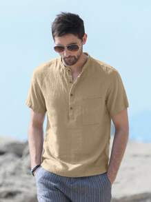 Men Patched Pocket Button Half Placket Top - Khaki - View 7