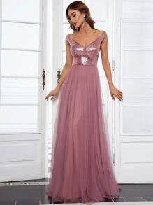 EVERPRETTY Đầm Tương phản Mesh ghép mộng kim sa màu trơn Hấp dẫn - Bụi hồng - Xem 4
