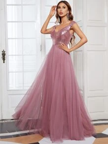 EVERPRETTY Đầm Tương phản Mesh ghép mộng kim sa màu trơn Hấp dẫn - Bụi hồng - Xem 5