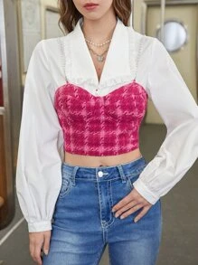 SHEIN MOD Plaid Print Pearls Beaded Cami Top Without Top - Hot Pink - View 1