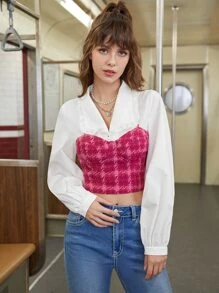 SHEIN MOD Plaid Print Pearls Beaded Cami Top Without Top - Hot Pink - View 4