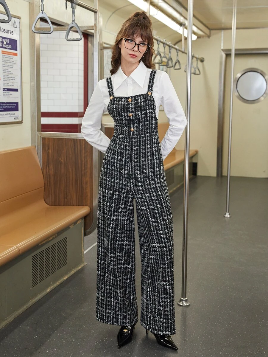 SHEIN MOD Plaid Print Button Front Cami Jumpsuit - Black and White - View 1