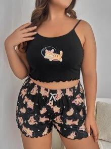 Plus Cartoon Graphic Lettuce Trim Cami Top & Shorts PJ Set / Pajama Set - Multicolor - View 4
