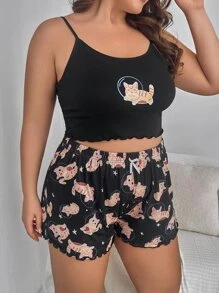 Plus Cartoon Graphic Lettuce Trim Cami Top & Shorts PJ Set / Pajama Set - Multicolor - View 5