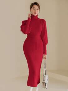 Modelyn Turtle Neck Gigot Sleeve Belted Jumper Dress - Red - View 1