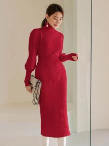 Modelyn Turtle Neck Gigot Sleeve Belted Jumper Dress - Red - View 3