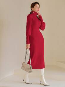 Modelyn Turtle Neck Gigot Sleeve Belted Jumper Dress - Red - View 5