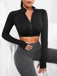 Yoga Basic Zip Up Crop Sports Jacket - Black - View 1