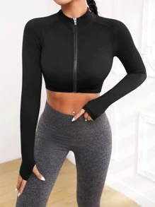 Yoga Basic Zip Up Crop Sports Jacket - Black - View 3