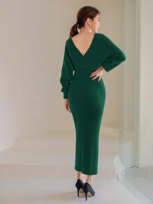 Mulvari 素色交疊領毛衣洋裝 - 墨綠色 - 查看 2