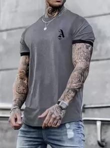 Manfinity Homme 男士字母圖案拼接邊T恤 - 灰色 - 查看 1