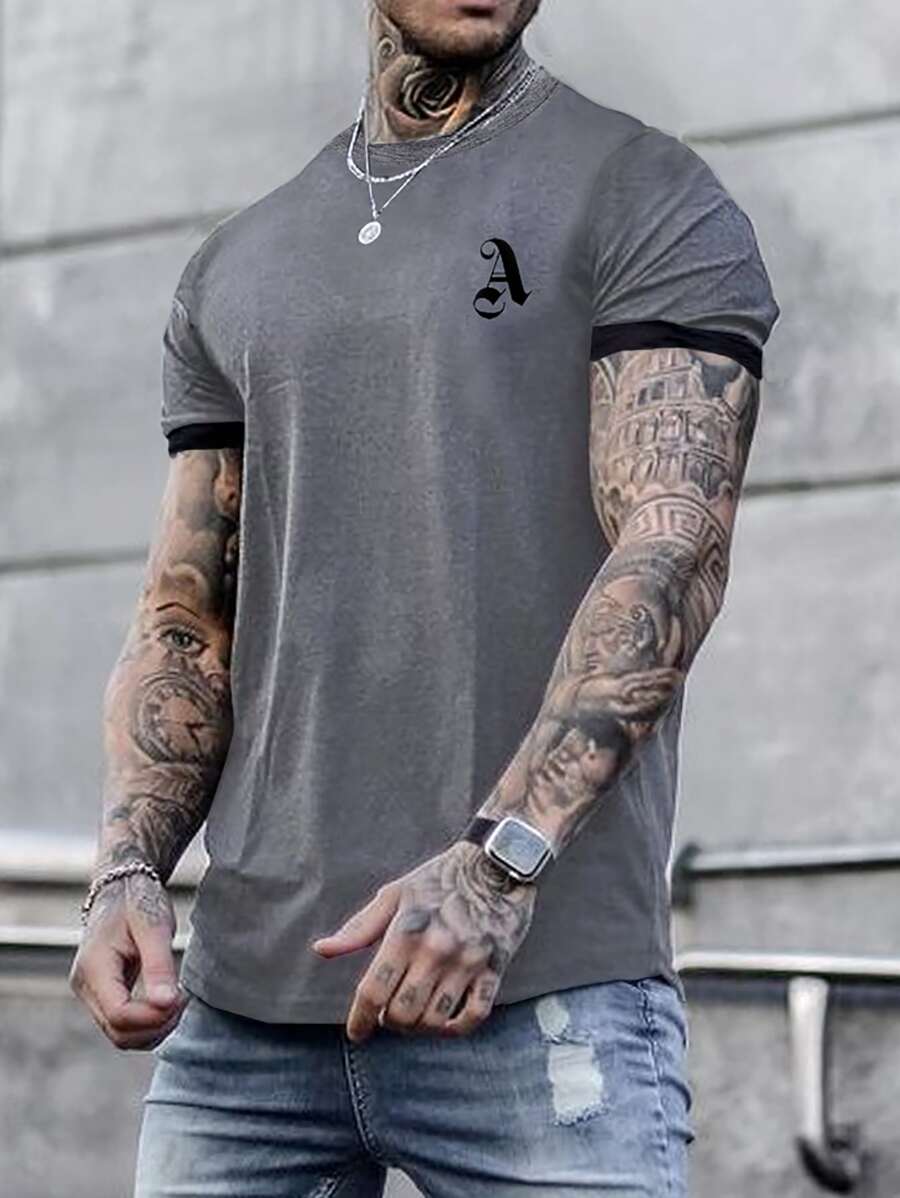 Manfinity Homme 男士字母圖案拼接邊T恤 - 灰色 - 查看 1