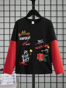 SHEIN Boys Letter & Floral Print 2 In 1 Tee - Black - View 1