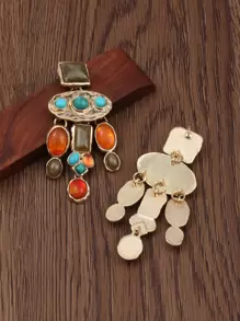 1pair Vintage Exaggerated Green Turquoise Polyresin Earrings For Women - Multicolor - View 2