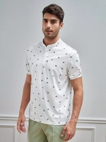 GENTILAND Men Bird Print Polo Shirt - White - View 3