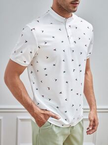 GENTILAND Men Bird Print Polo Shirt - White - View 5