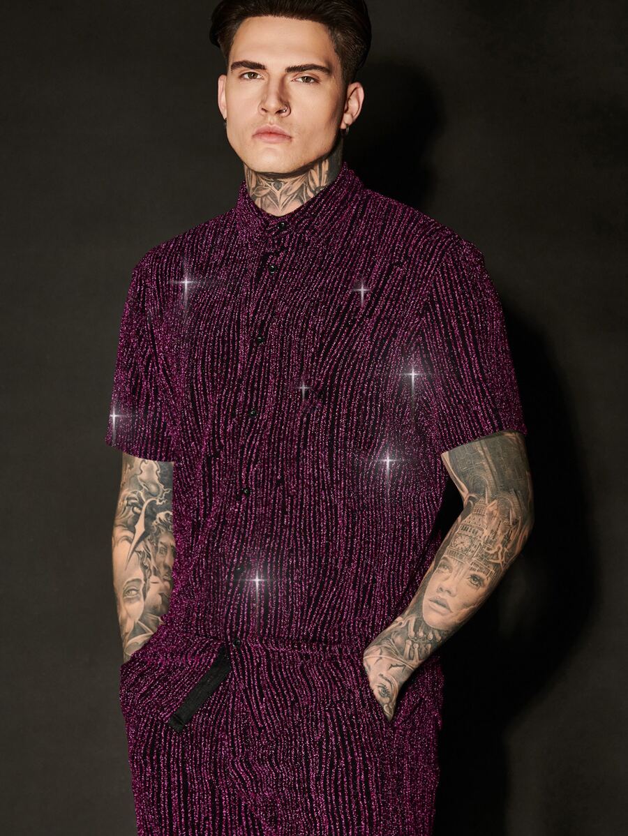 Manfinity Men Striped Button Up Shirt - Purple - View 1