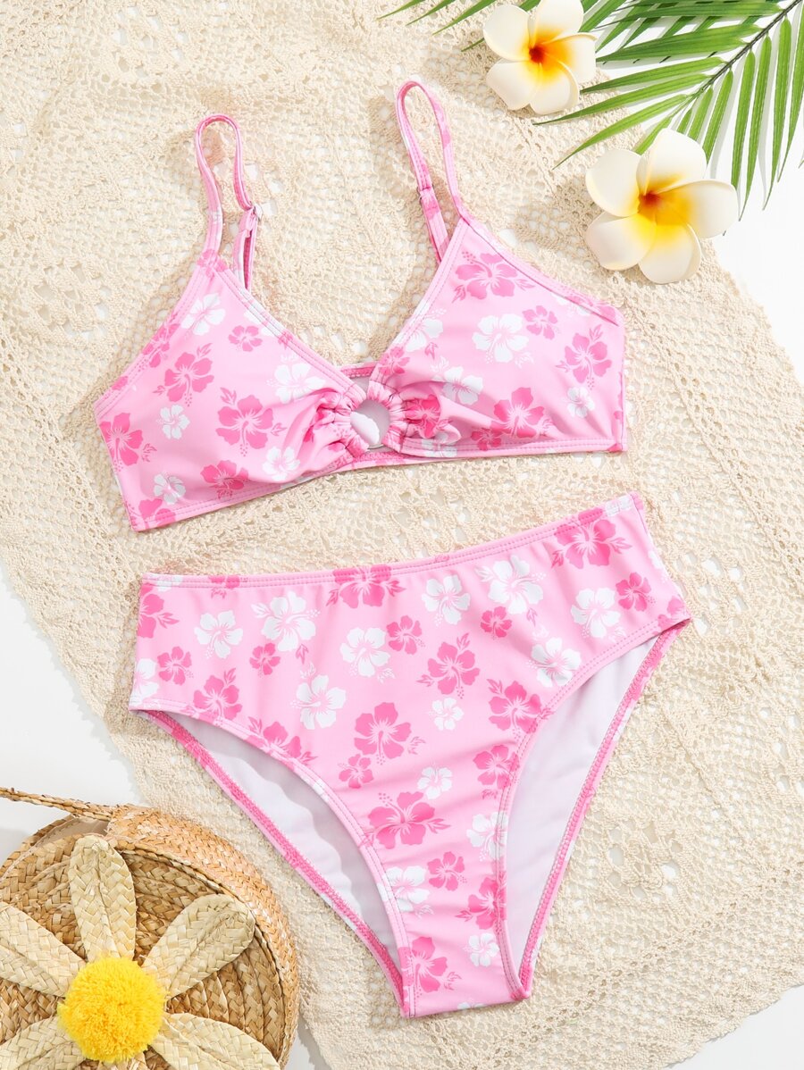 SHEIN Teen Girls Floral Print Ring Linked Bikini Set Summer Beach - Baby Pink - View 1