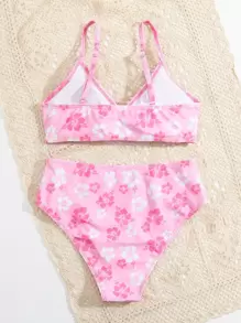 SHEIN Teen Girls Floral Print Ring Linked Bikini Set Summer Beach - Baby Pink - View 2