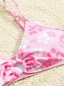 SHEIN Teen Girls Floral Print Ring Linked Bikini Set Summer Beach - Baby Pink - View 3
