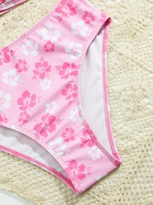SHEIN Teen Girls Floral Print Ring Linked Bikini Set Summer Beach - Baby Pink - View 5