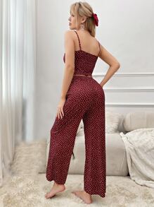 滿版波卡圓點蕾絲拼接前蝴蝶結吊帶睡衣套裝 - 酒紅色 - 查看 2
