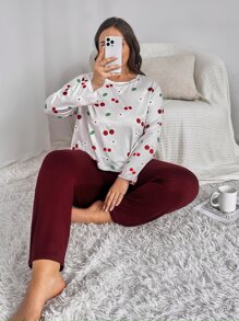 大碼櫻桃圖案落肩T恤和褲子睡衣套裝 - 紅白色 - 查看 4