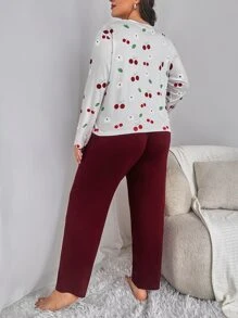 大碼櫻桃圖案落肩T恤和褲子睡衣套裝 - 紅白色 - 查看 2