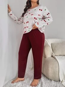 大碼櫻桃圖案落肩T恤和褲子睡衣套裝 - 紅白色 - 查看 3