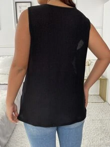 SHEIN LUNE 大碼撞色華夫格編織背心上衣 - 黑色 - 查看 2
