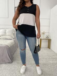 SHEIN LUNE 大碼撞色華夫格編織背心上衣 - 黑色 - 查看 3