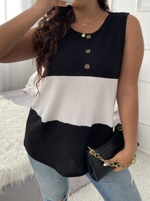 SHEIN LUNE 大碼撞色華夫格編織背心上衣 - 黑色 - 查看 5