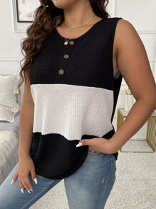 SHEIN LUNE 大碼撞色華夫格編織背心上衣 - 黑色 - 查看 6
