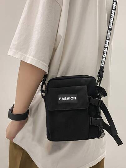 新款夏季男士尼龙单肩包，休闲斜挎包，简约方形包（所有织带图案和字母均为随机）