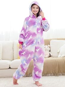Girls Unicorn Pattern Hooded Flannel Sleep Jumpsuit - Multicolor - View 1