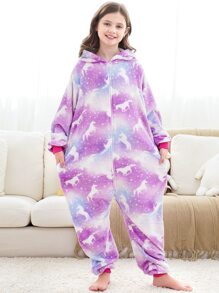 Girls Unicorn Pattern Hooded Flannel Sleep Jumpsuit - Multicolor - View 3