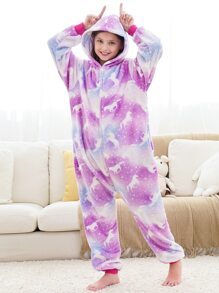 Girls Unicorn Pattern Hooded Flannel Sleep Jumpsuit - Multicolor - View 4