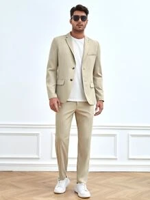 Manfinity VCAY 男士單排釦西裝領素色西裝外套 - 卡其色 - 查看 3