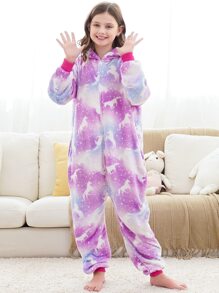 Girls Unicorn Pattern Hooded Flannel Sleep Jumpsuit - Multicolor - View 6