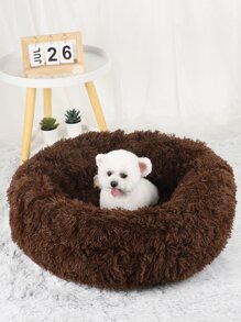 1pc Solid Plush Pet Bed - Coffee Brown - View 1
